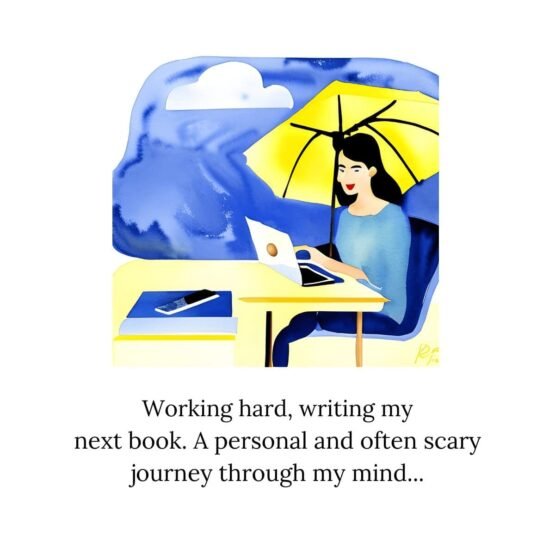 watercolour image - writer working on her book